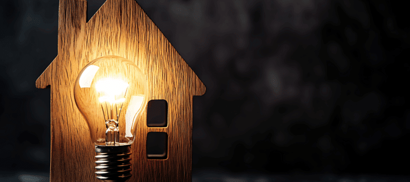 lightbulb on and in front of a wooden house