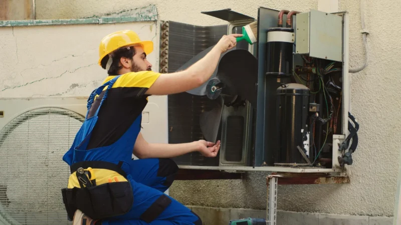 A technician in a yellow hard hat and blue overalls cleans the inside of an outdoor air conditioning unit using a small brush. Tools are attached to his belt, and the units cover is open, exposing the internal components.